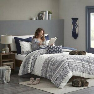 INK Ivy Mila Cotton Printed Comforter Set With Chenille Full/Queen